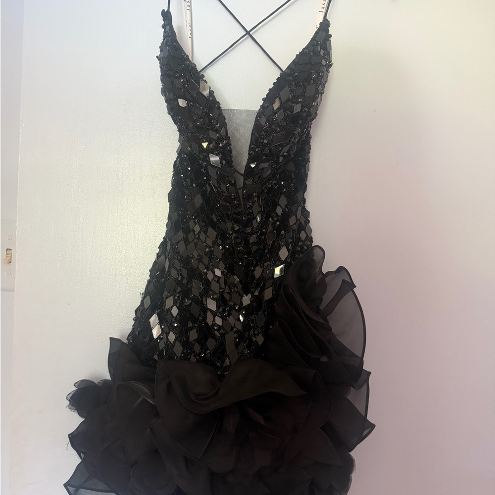 Jasz couture homecoming Black Sequin Ruffle V-Neck Prom Dress